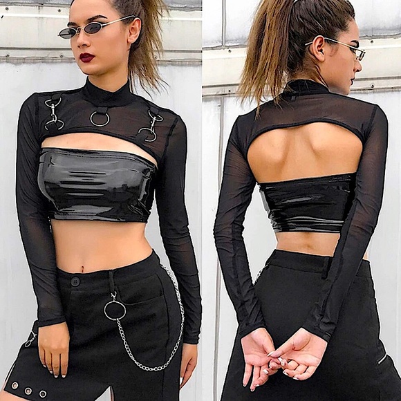 Black mesh metal buckle long sleeve crop top - Picture 10 of 16